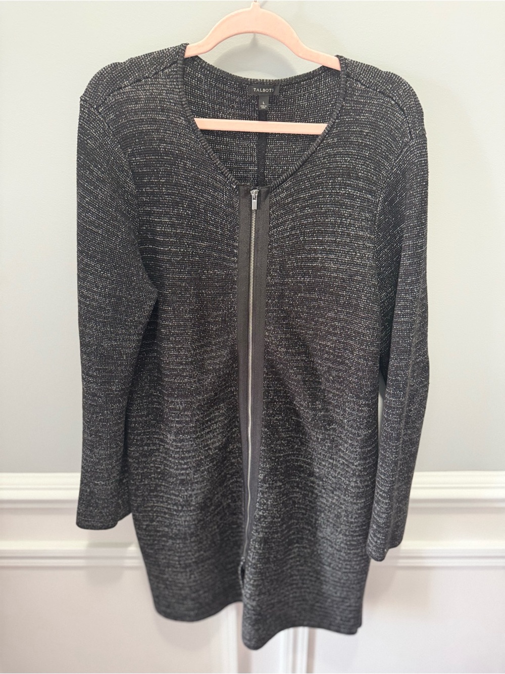 Talbots Black Charcoal V-Neck Zip-Front Long Sleeve Dress - Picture 2 of 8